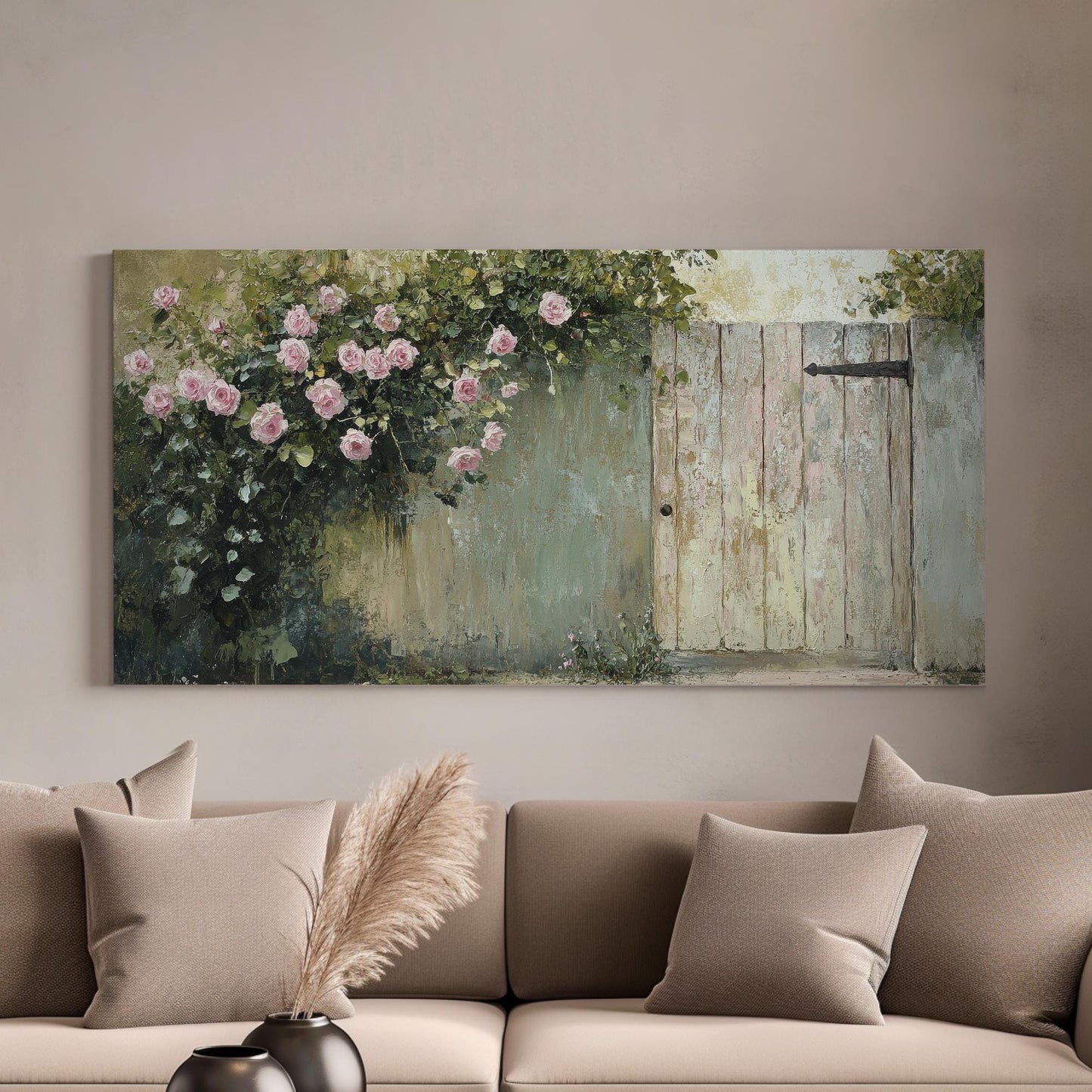 Romantic Rose Garden Canvas Art | Impasto Oil Painting Print | French Country Wall Art For Living Room Horizontal Art