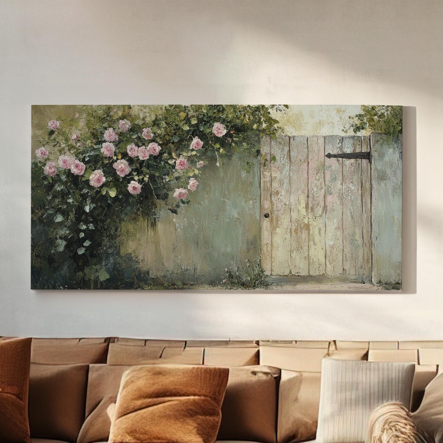 Romantic Rose Garden Canvas Art | Impasto Oil Painting Print | French Country Wall Art For Living Room Horizontal Art