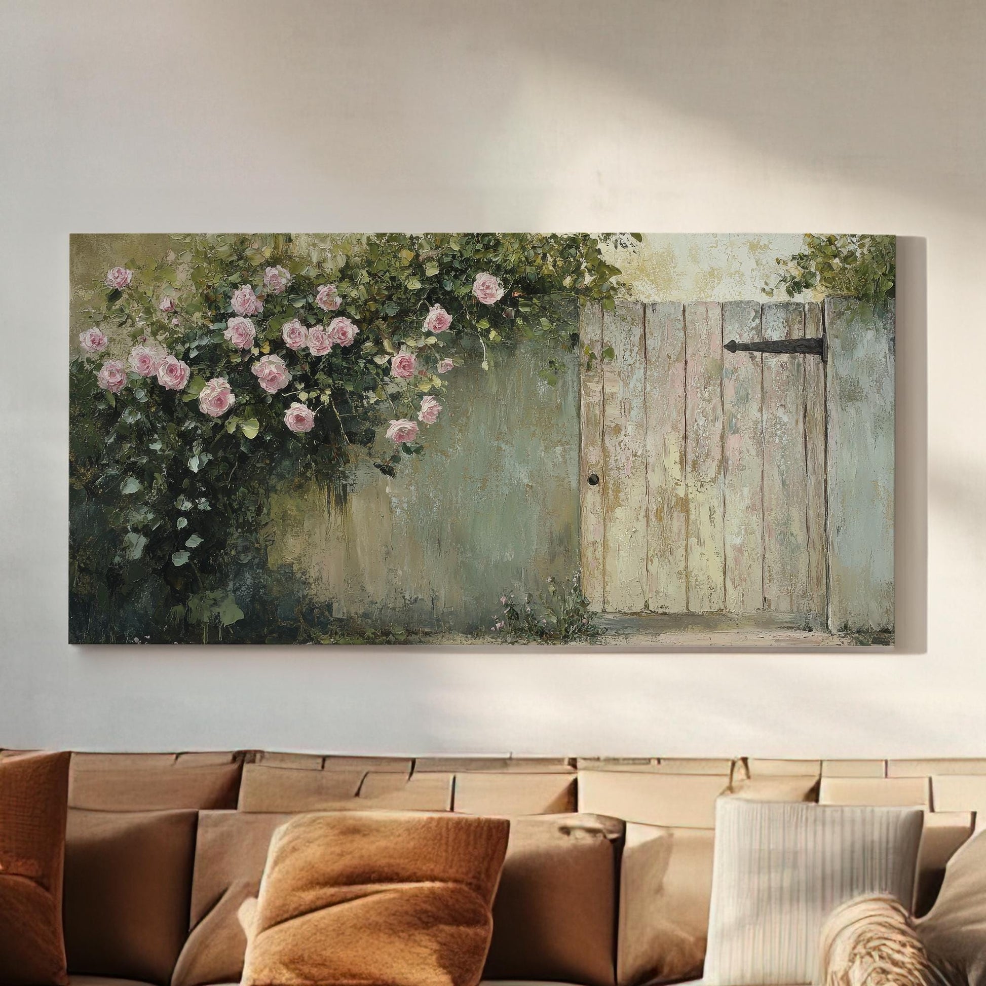 Romantic Rose Garden Canvas Art | Impasto Oil Painting Print | French Country Wall Art For Living Room Horizontal Art