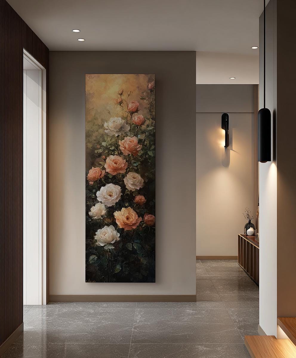 Romantic Rose Garden Canvas Art | Impasto Oil Painting Print | Bohemian Wall Art For Living Room | Blush Pink Cream Art Long Vertical Art