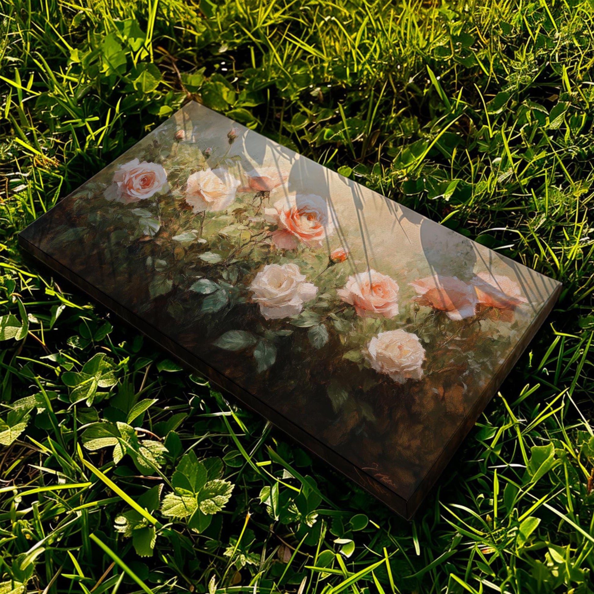 Romantic Rose Garden Canvas Art | Impasto Oil Painting Print | Bohemian Wall Art For Living Room | Blush Pink Cream Art Horizontal Art