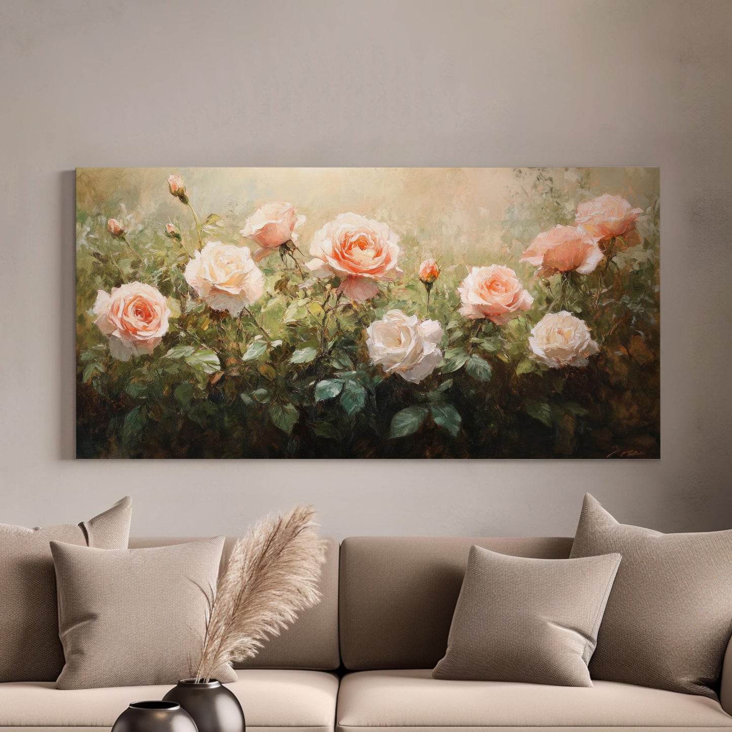 Romantic Rose Garden Canvas Art | Impasto Oil Painting Print | Bohemian Wall Art For Living Room | Blush Pink Cream Art Horizontal Art