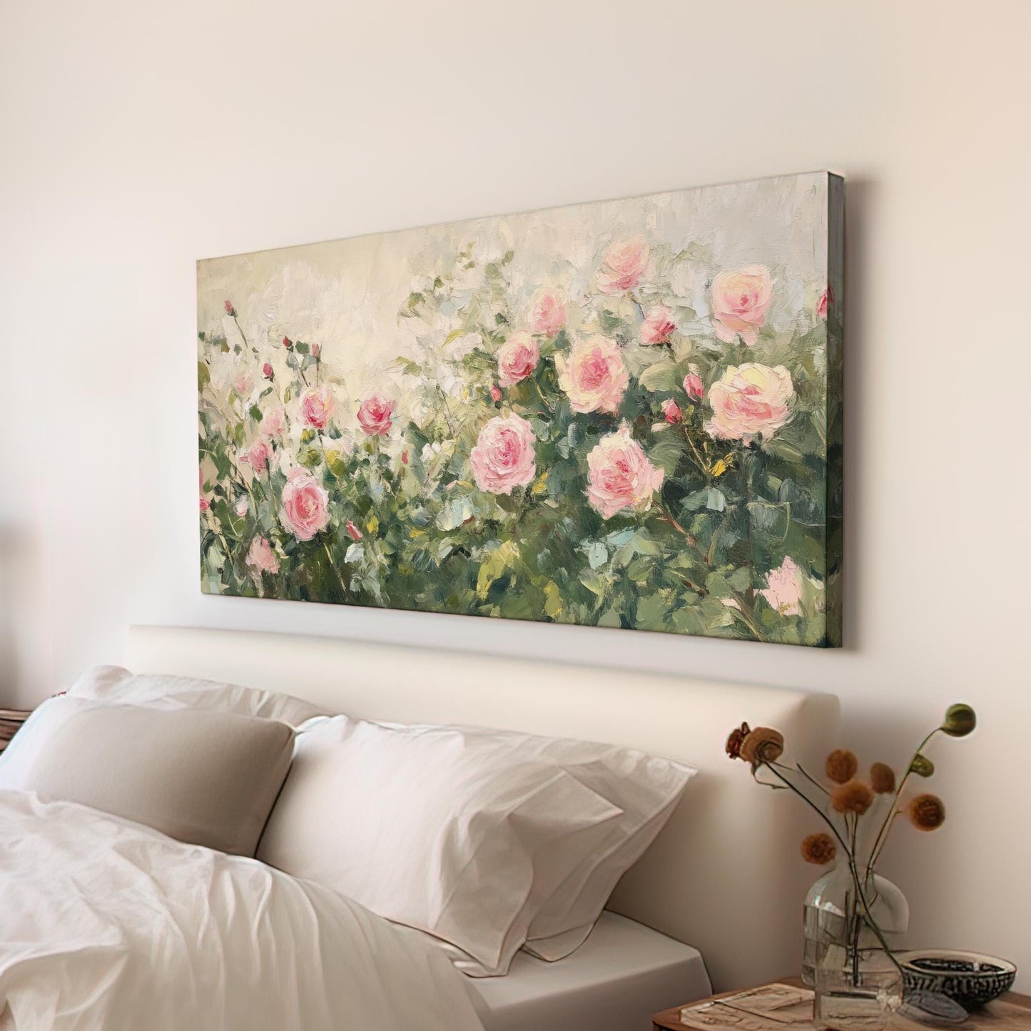 Romantic Rose Garden Canvas Art | Impasto Impressionism Print | French Country Wall Art For Living Room Horizontal Art
