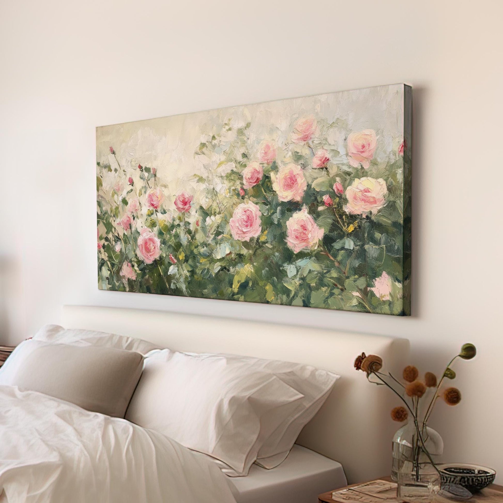 Romantic Rose Garden Canvas Art | Impasto Impressionism Print | French Country Wall Art For Living Room Horizontal Art