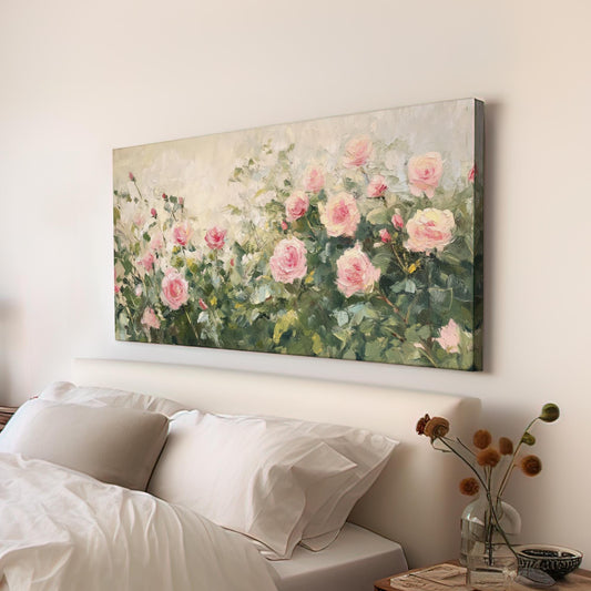 Romantic Rose Garden Canvas Art | Impasto Impressionism Print | French Country Wall Art For Living Room Horizontal Art