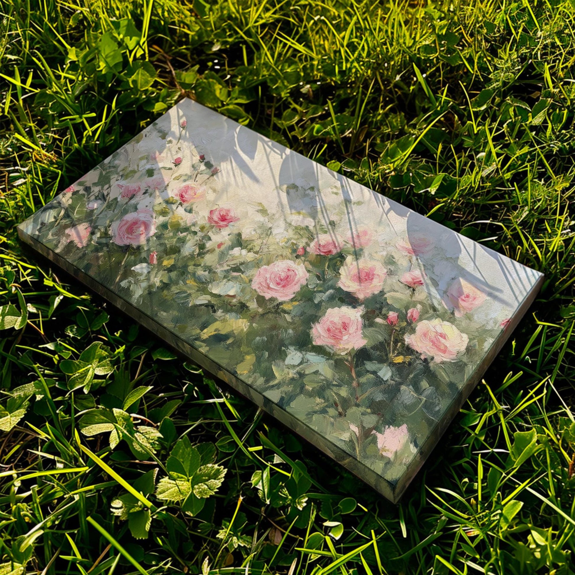 Romantic Rose Garden Canvas Art | Impasto Impressionism Print | French Country Wall Art For Living Room Horizontal Art