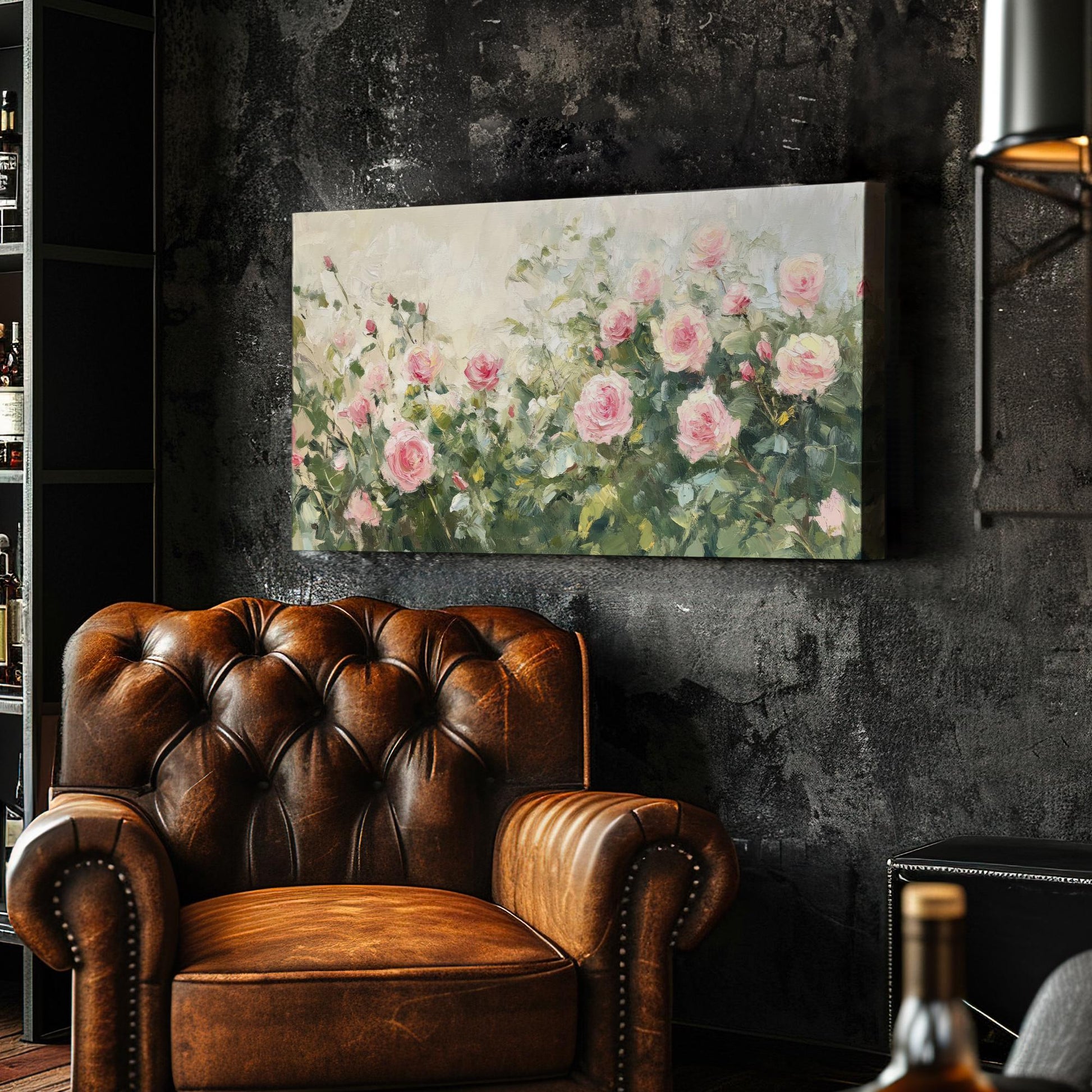 Romantic Rose Garden Canvas Art | Impasto Impressionism Print | French Country Wall Art For Living Room Horizontal Art