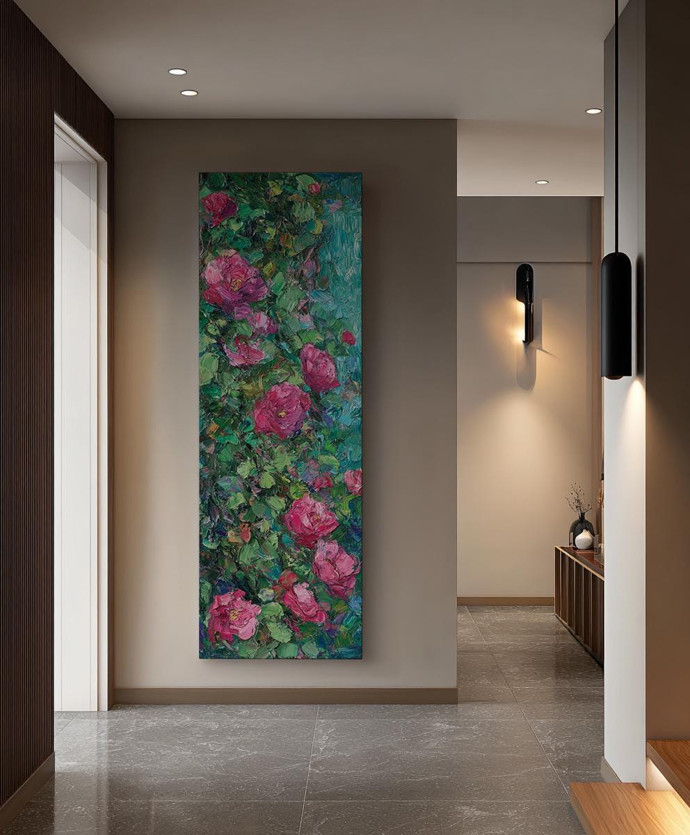 Romantic Rose Garden Canvas Art | Impasto Floral Print | Bohemian Wall Art For Living Room | Rose Quartz Emerald Art Long Vertical Art