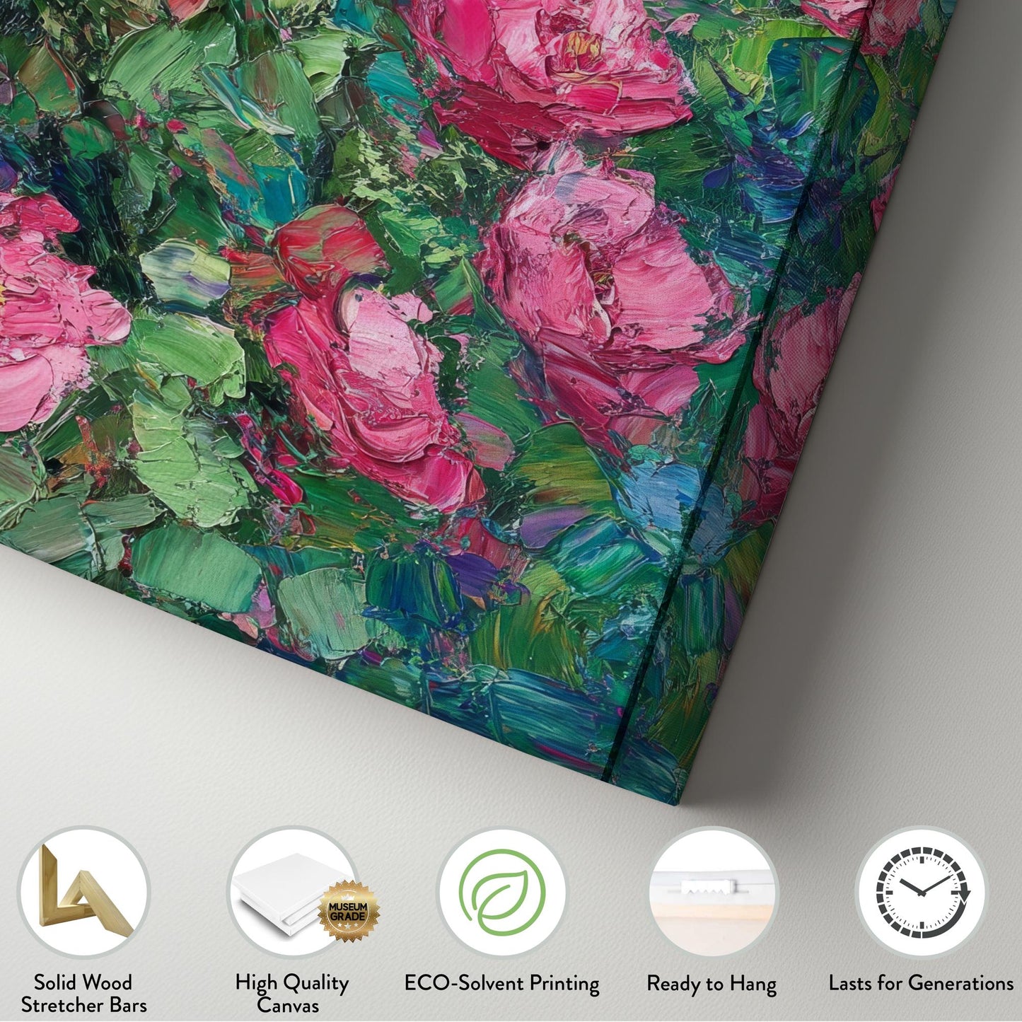 Romantic Rose Garden Canvas Art | Impasto Floral Print | Bohemian Wall Art For Living Room | Rose Quartz Emerald Art Long Vertical Art