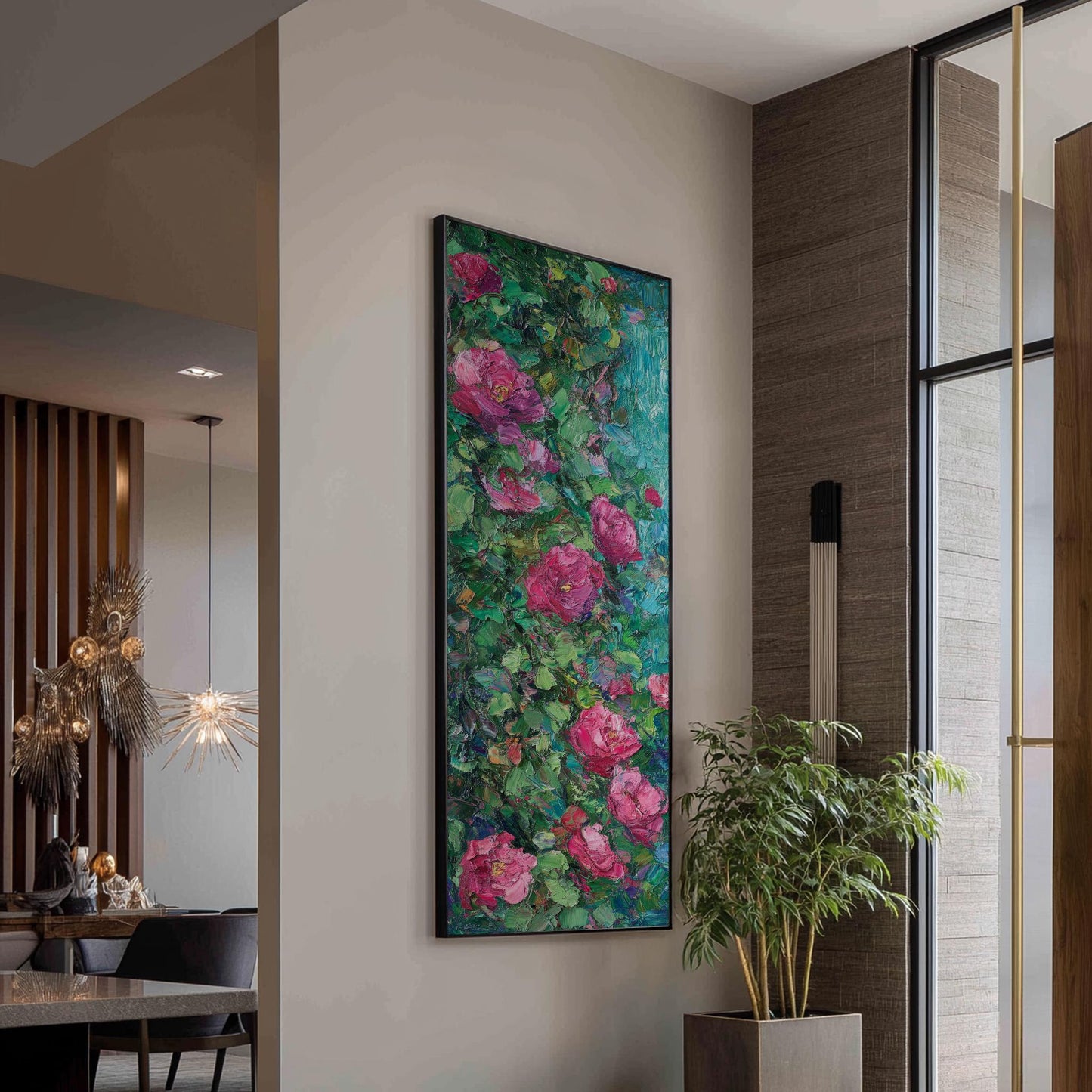 Romantic Rose Garden Canvas Art | Impasto Floral Print | Bohemian Wall Art For Living Room | Rose Quartz Emerald Art Long Vertical Art