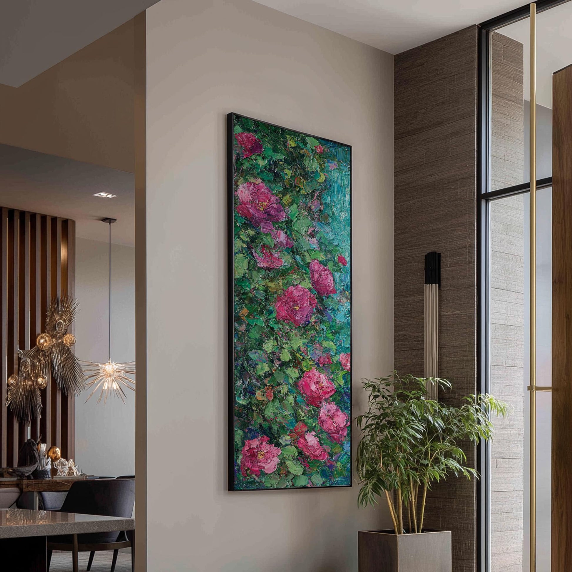 Romantic Rose Garden Canvas Art | Impasto Floral Print | Bohemian Wall Art For Living Room | Rose Quartz Emerald Art Long Vertical Art