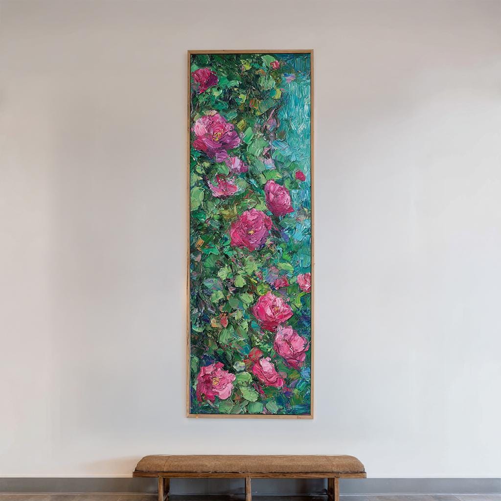 Romantic Rose Garden Canvas Art | Impasto Floral Print | Bohemian Wall Art For Living Room | Rose Quartz Emerald Art Long Vertical Art