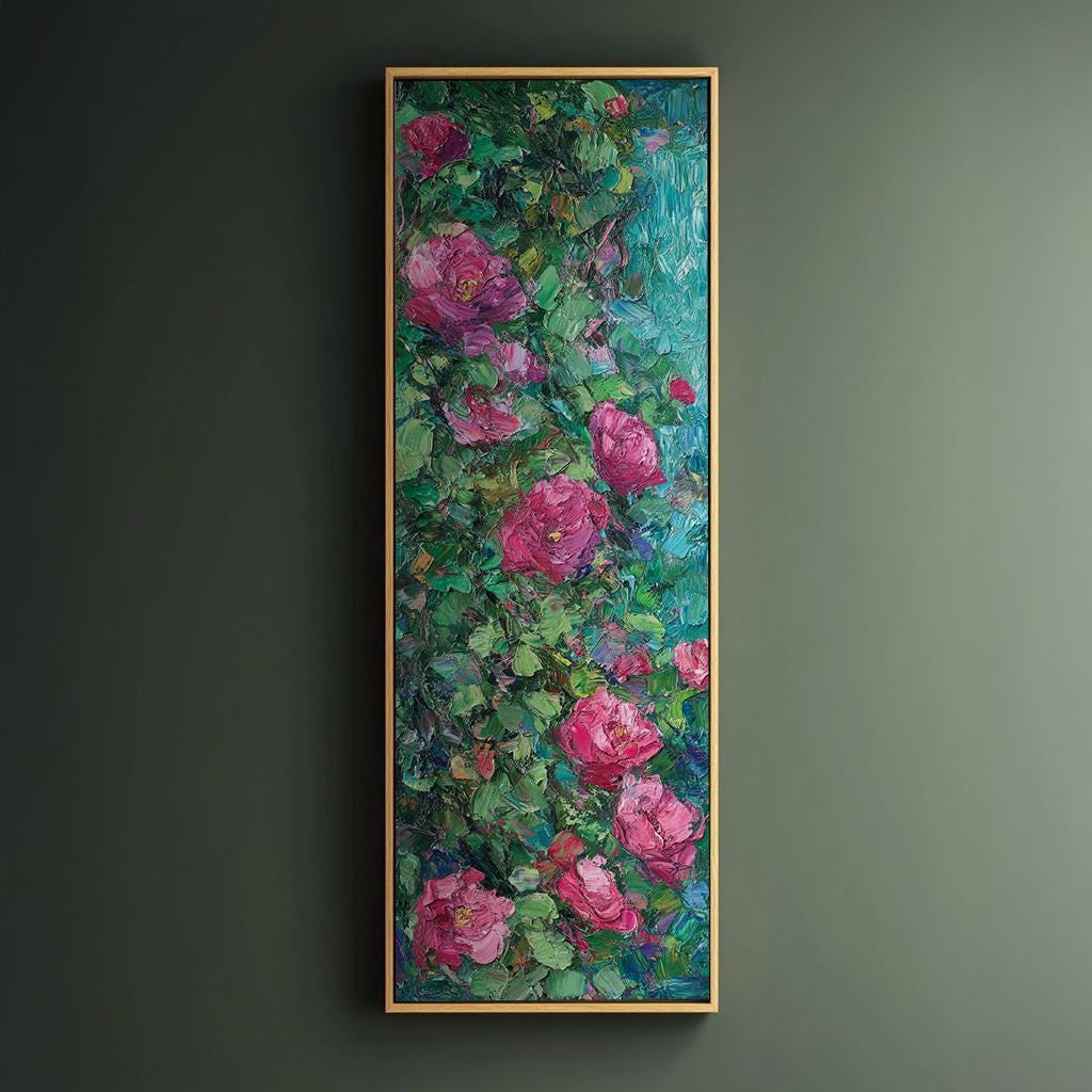 Romantic Rose Garden Canvas Art | Impasto Floral Print | Bohemian Wall Art For Living Room | Rose Quartz Emerald Art Long Vertical Art