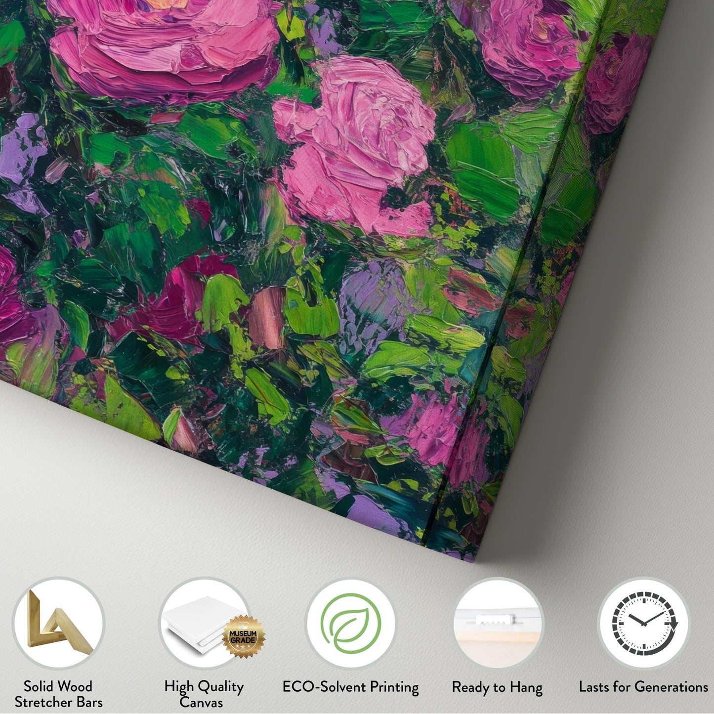 Romantic Rose Garden Canvas Art | Impasto Floral Print | Bohemian Wall Art For Living Room | Deep Rose Quartz Art Long Vertical Art