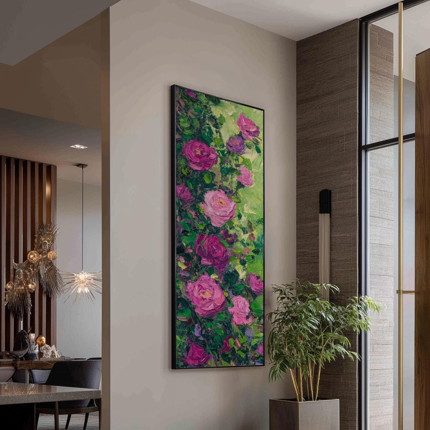 Romantic Rose Garden Canvas Art | Impasto Floral Print | Bohemian Wall Art For Living Room | Deep Rose Quartz Art Long Vertical Art