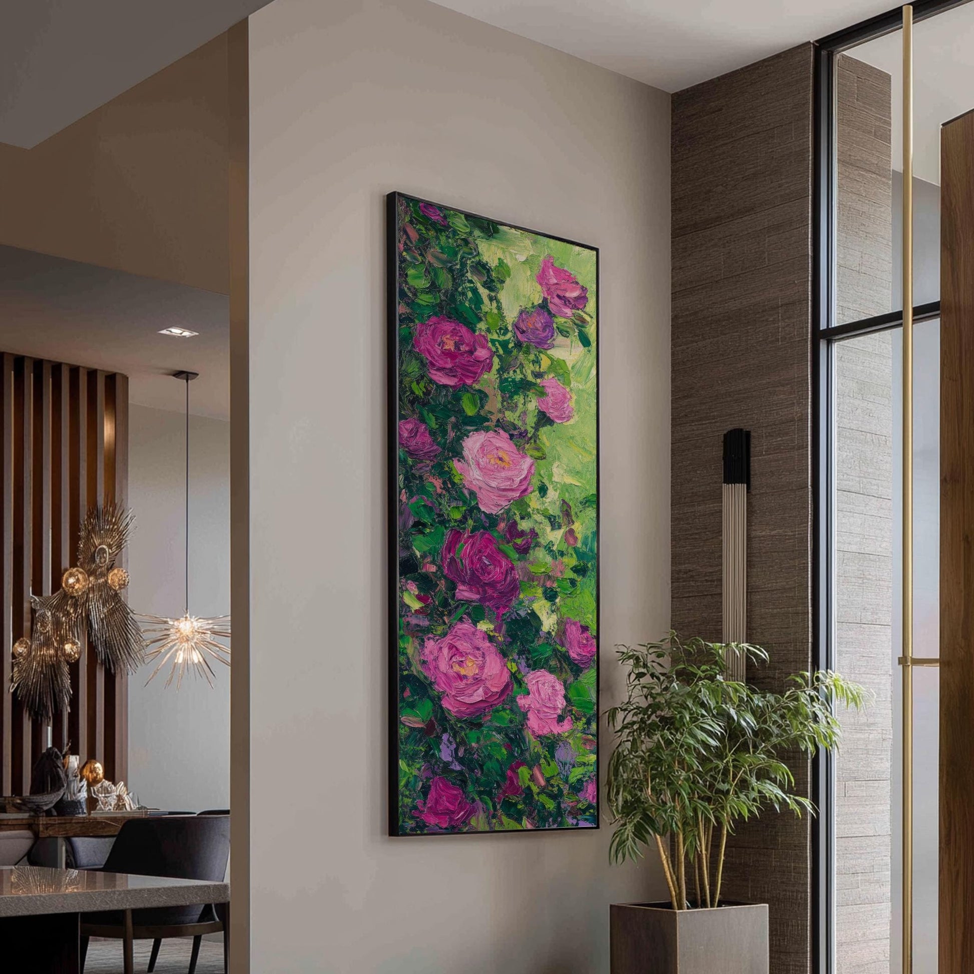 Romantic Rose Garden Canvas Art | Impasto Floral Print | Bohemian Wall Art For Living Room | Deep Rose Quartz Art Long Vertical Art