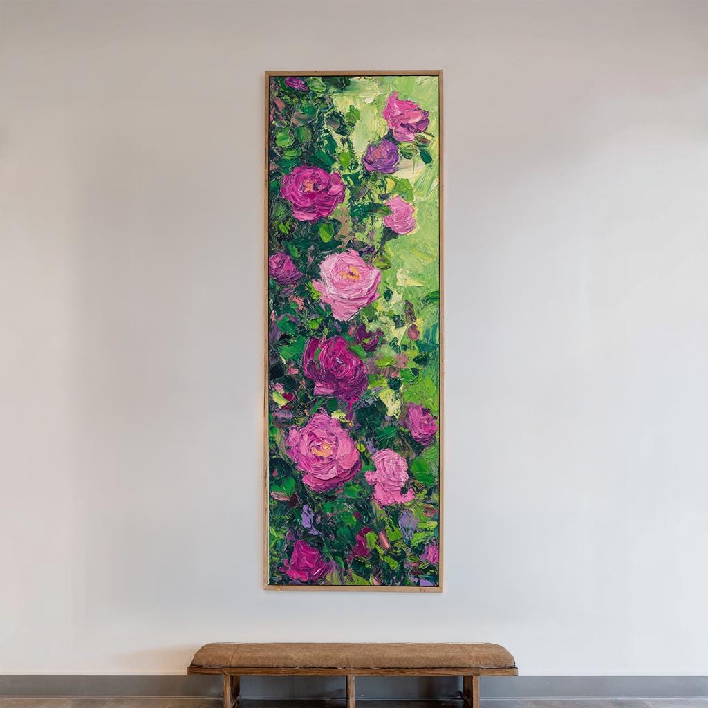 Romantic Rose Garden Canvas Art | Impasto Floral Print | Bohemian Wall Art For Living Room | Deep Rose Quartz Art Long Vertical Art