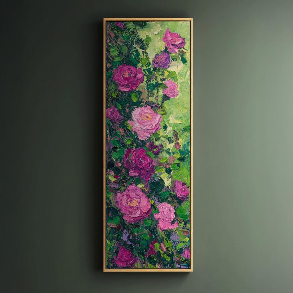 Romantic Rose Garden Canvas Art | Impasto Floral Print | Bohemian Wall Art For Living Room | Deep Rose Quartz Art Long Vertical Art