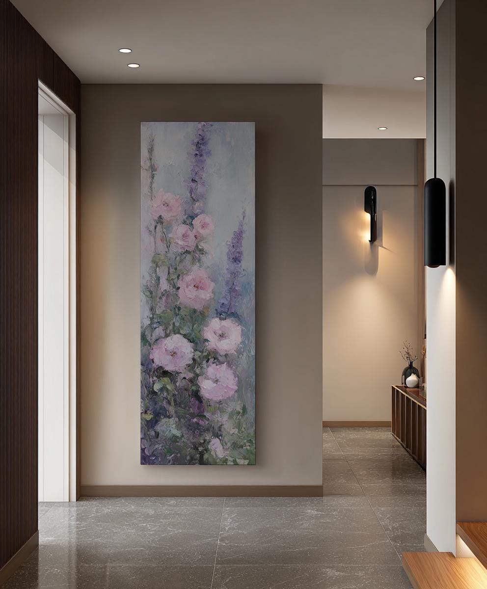 Romantic Rose Garden Canvas Art | Impasto Floral Print | Bohemian Wall Art For Living Room | Blush Pink Lavender Art Long Vertical Art