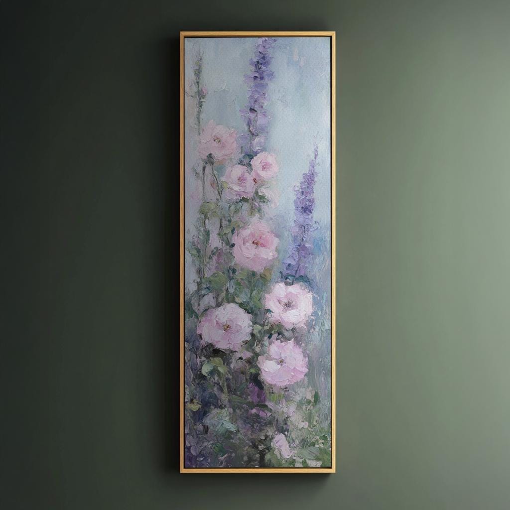 Romantic Rose Garden Canvas Art | Impasto Floral Print | Bohemian Wall Art For Living Room | Blush Pink Lavender Art Long Vertical Art