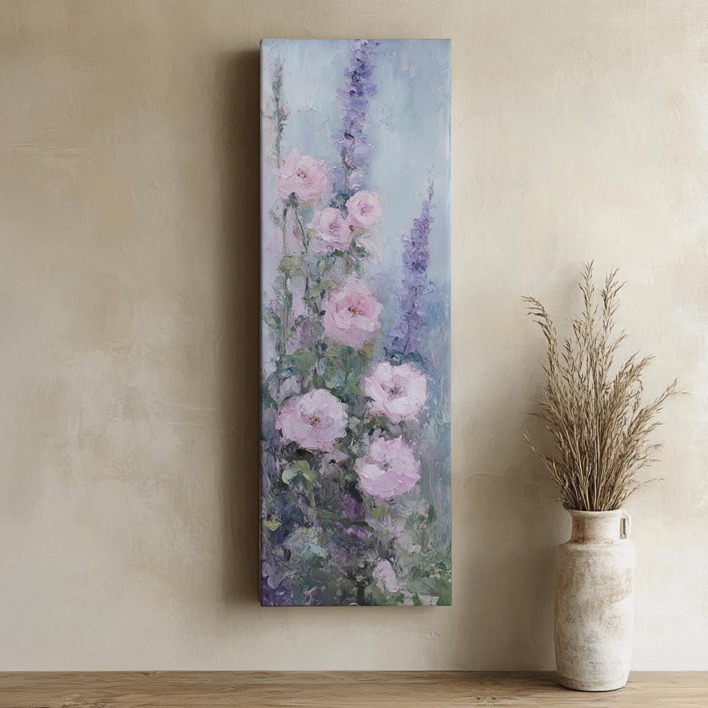 Romantic Rose Garden Canvas Art | Impasto Floral Print | Bohemian Wall Art For Living Room | Blush Pink Lavender Art Long Vertical Art