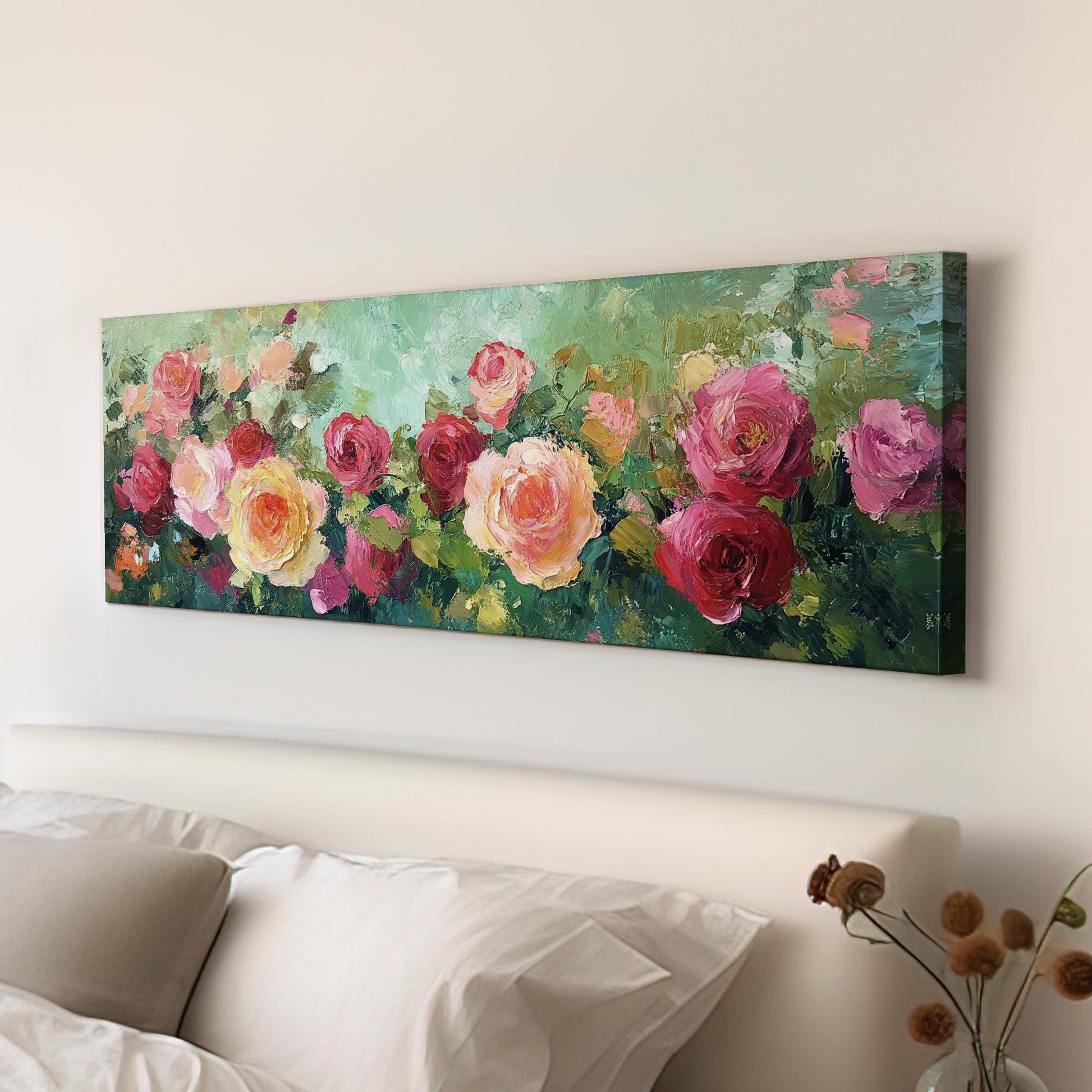 Romantic Rose Garden Canvas Art | Impasto Floral Print | Bohemian Wall Art For Living Room | Blush Pink Apricot Art Panoramic Wall Art