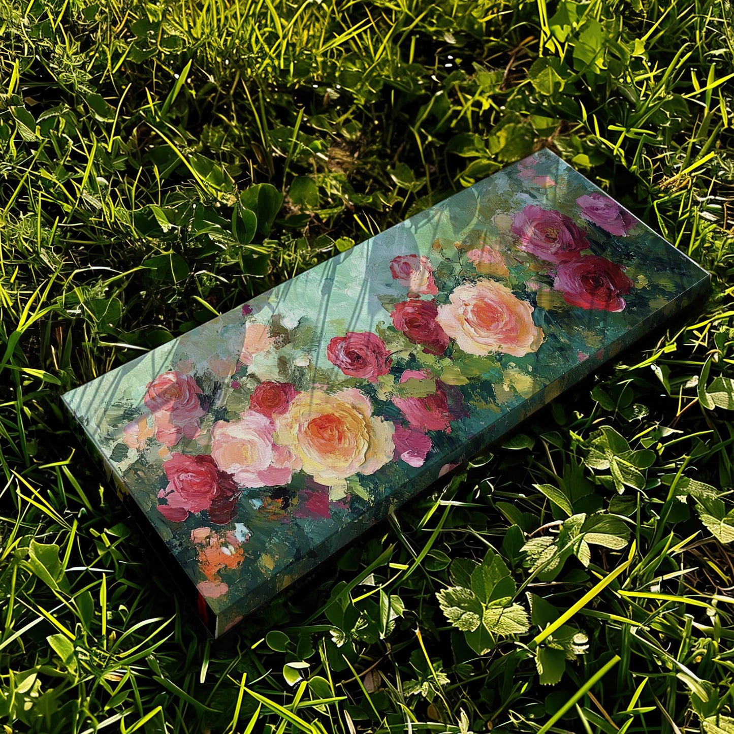 Romantic Rose Garden Canvas Art | Impasto Floral Print | Bohemian Wall Art For Living Room | Blush Pink Apricot Art Panoramic Wall Art