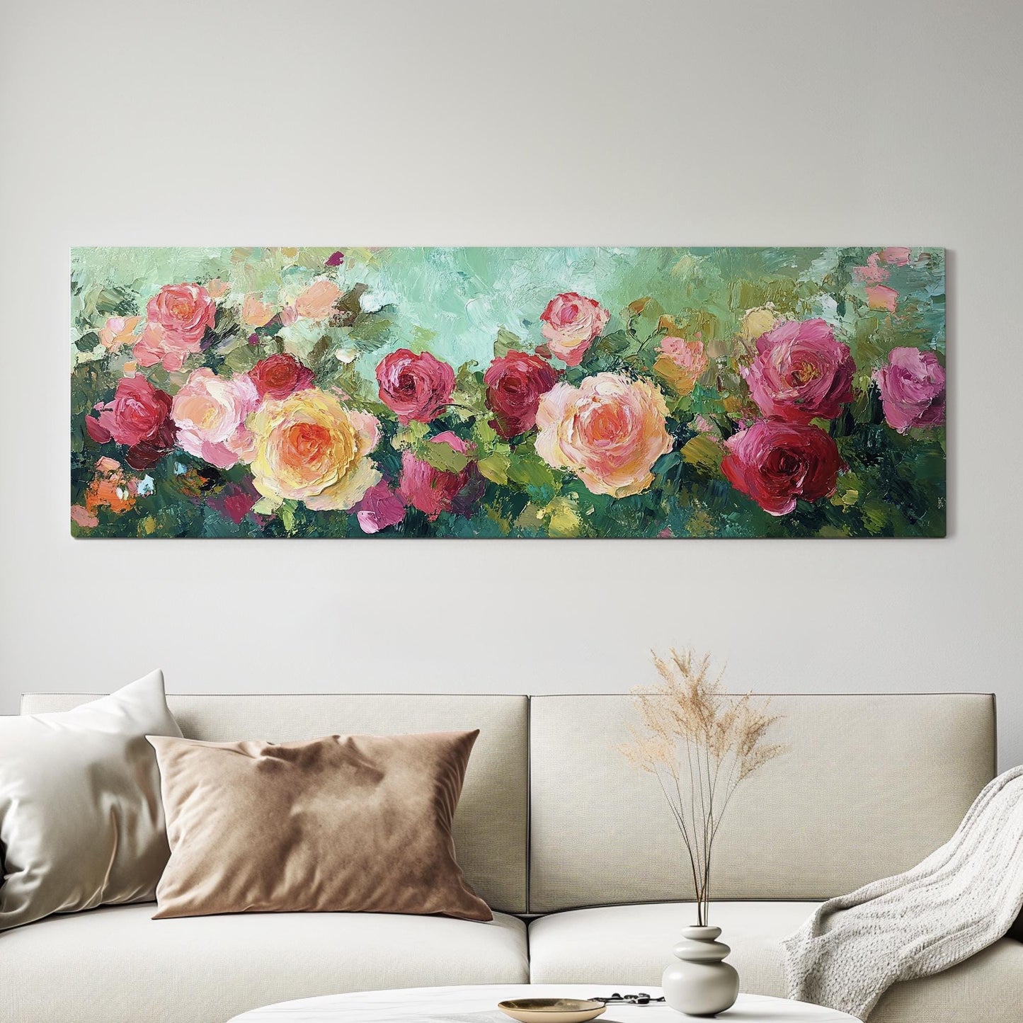 Romantic Rose Garden Canvas Art | Impasto Floral Print | Bohemian Wall Art For Living Room | Blush Pink Apricot Art Panoramic Wall Art