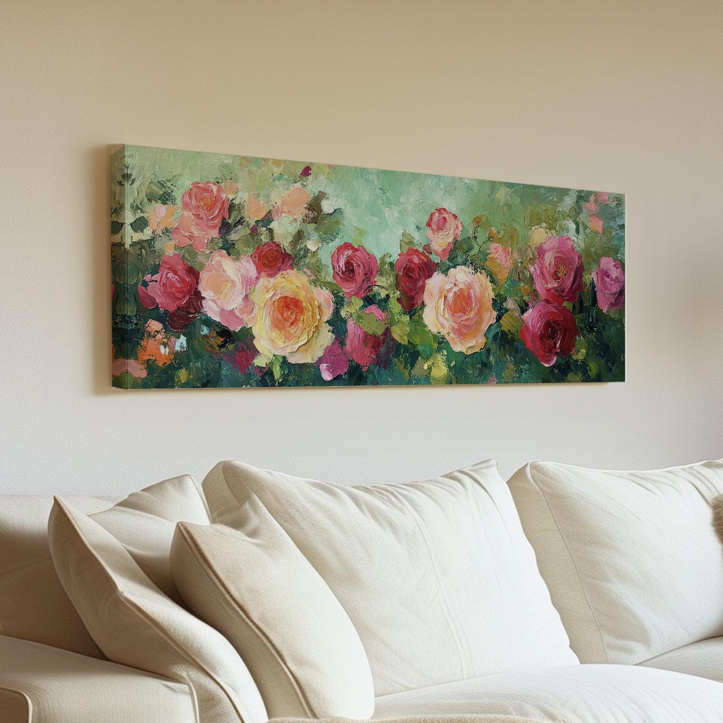Romantic Rose Garden Canvas Art | Impasto Floral Print | Bohemian Wall Art For Living Room | Blush Pink Apricot Art Panoramic Wall Art