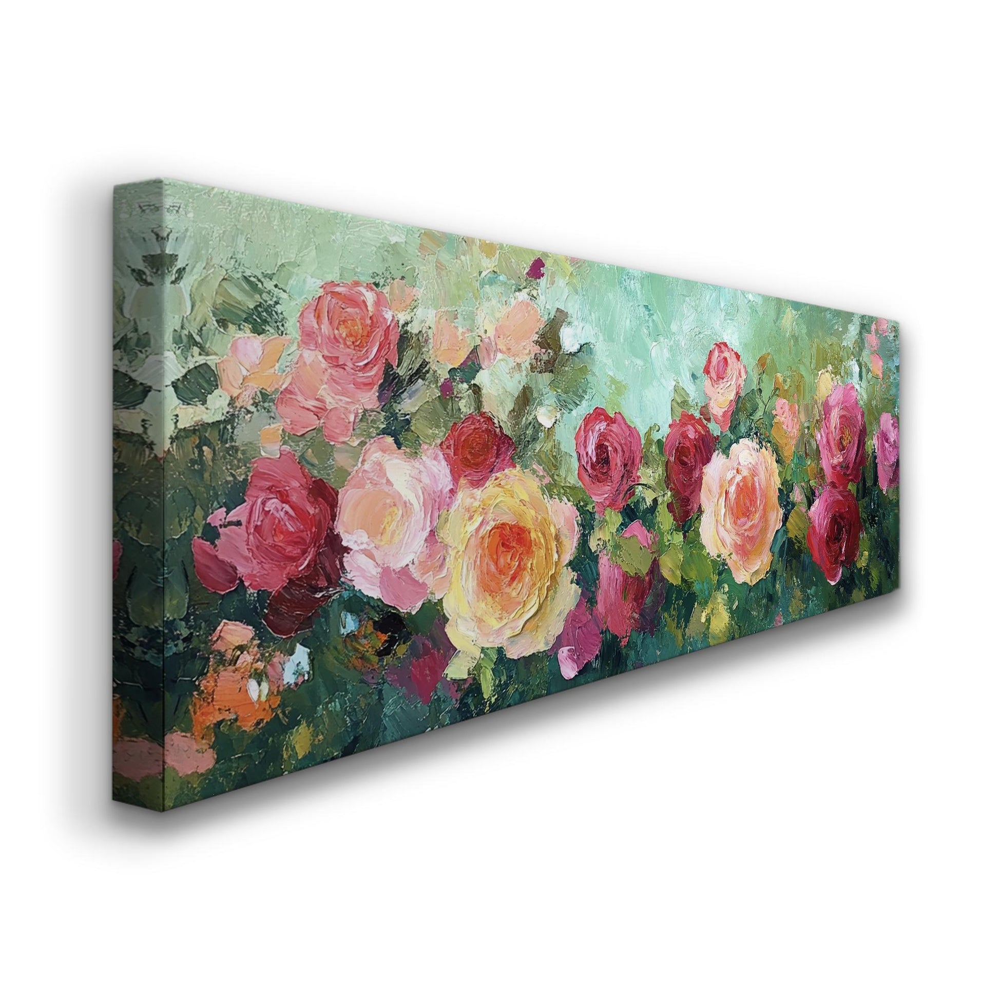 Romantic Rose Garden Canvas Art | Impasto Floral Print | Bohemian Wall Art For Living Room | Blush Pink Apricot Art Panoramic Wall Art