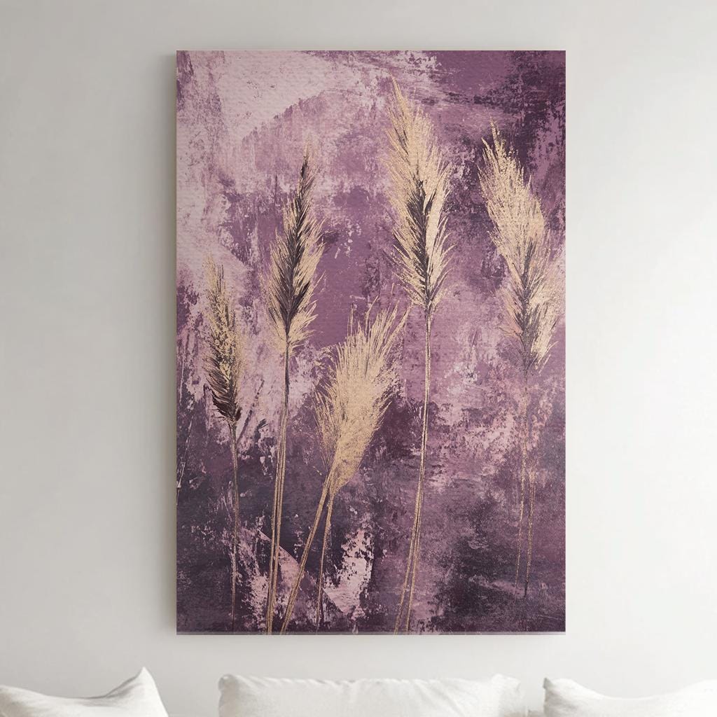 Pampas Grass Canvas Art | Impasto Print | Bohemian Wall Art For Living Room | Dusty Rose Art | Modern Eclectic Decor Vertical Canvas