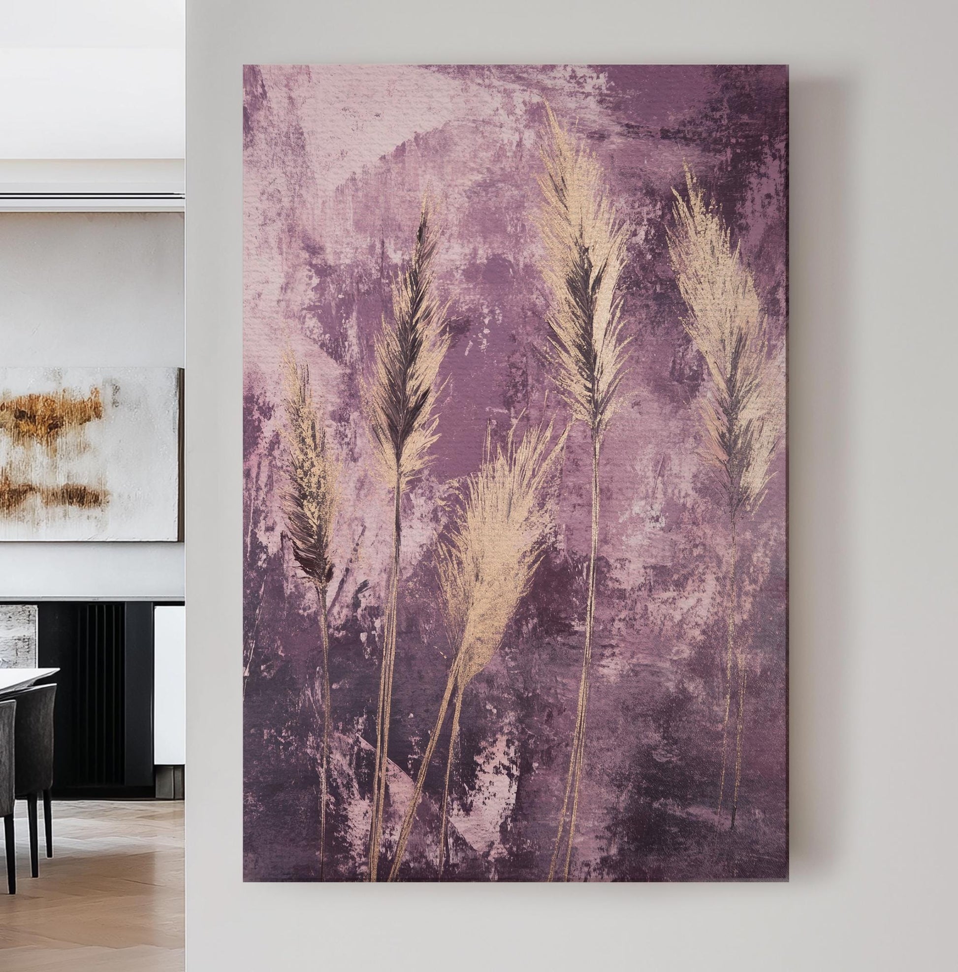 Pampas Grass Canvas Art | Impasto Print | Bohemian Wall Art For Living Room | Dusty Rose Art | Modern Eclectic Decor Vertical Canvas