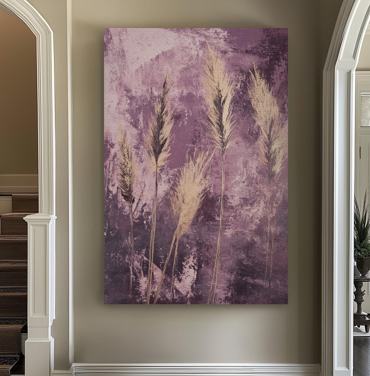 Pampas Grass Canvas Art | Impasto Print | Bohemian Wall Art For Living Room | Dusty Rose Art | Modern Eclectic Decor Vertical Canvas