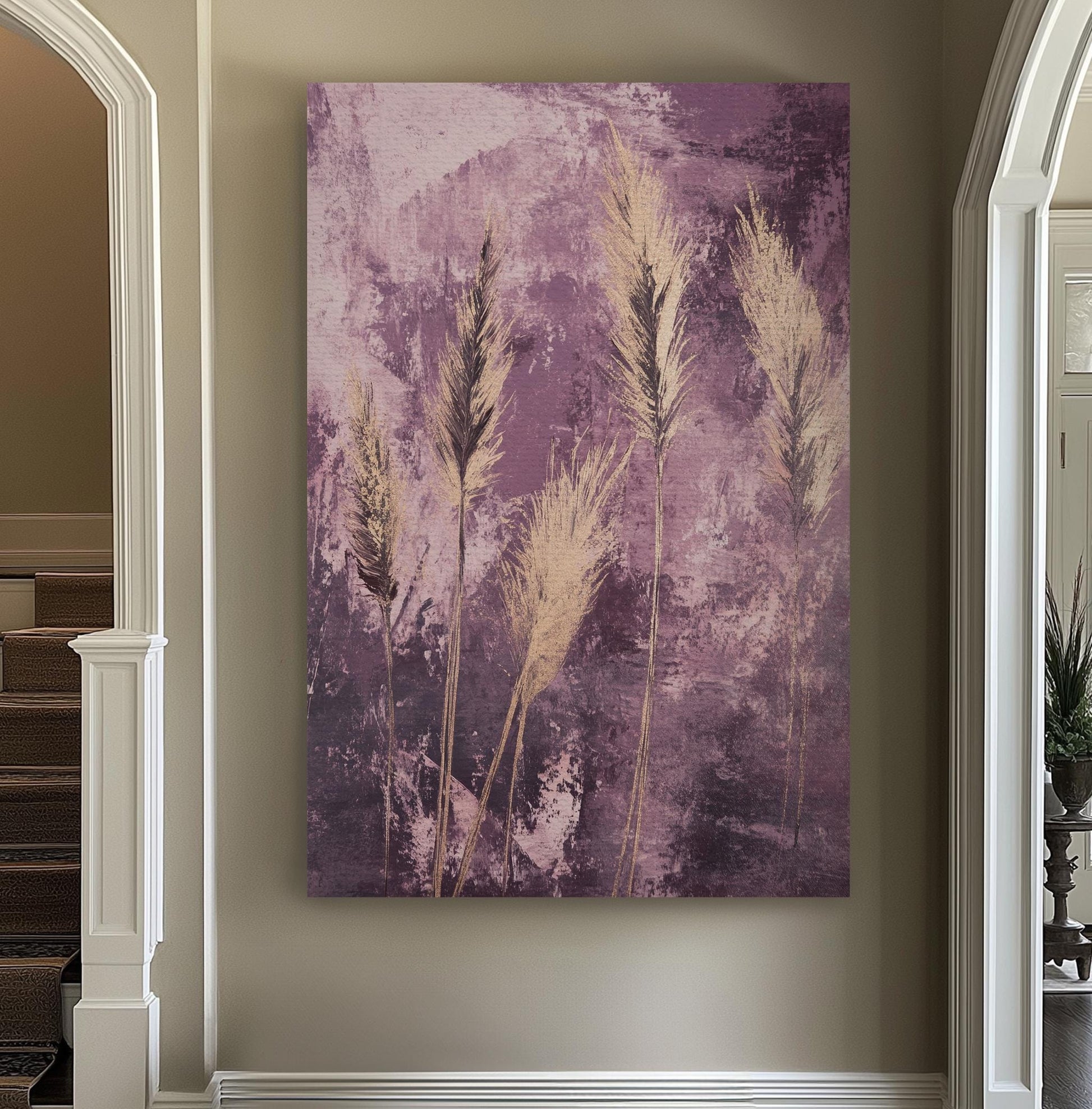 Pampas Grass Canvas Art | Impasto Print | Bohemian Wall Art For Living Room | Dusty Rose Art | Modern Eclectic Decor Vertical Canvas