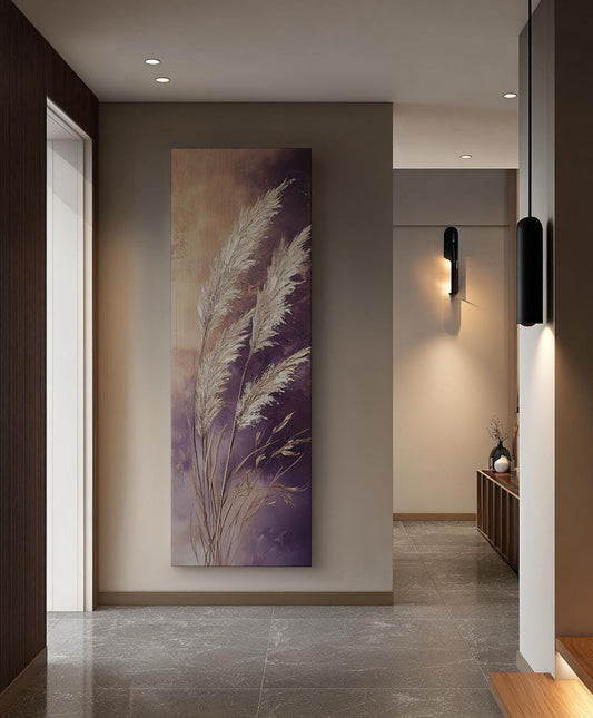 Pampas Grass Canvas Art | Impasto Print | Bohemian Wall Art For Living Room | Amethyst Dusk Art | Modern Minimalist Decor Long Vertical Art