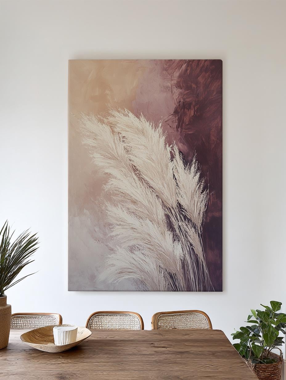 Pampas Grass Canvas Art | Impasto Brushstroke Print | Bohemian Wall Art For Living Room | Blush Pink Dusty Rose Art Vertical Canvas