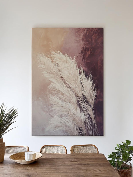 Pampas Grass Canvas Art | Impasto Brushstroke Print | Bohemian Wall Art For Living Room | Blush Pink Dusty Rose Art Vertical Canvas