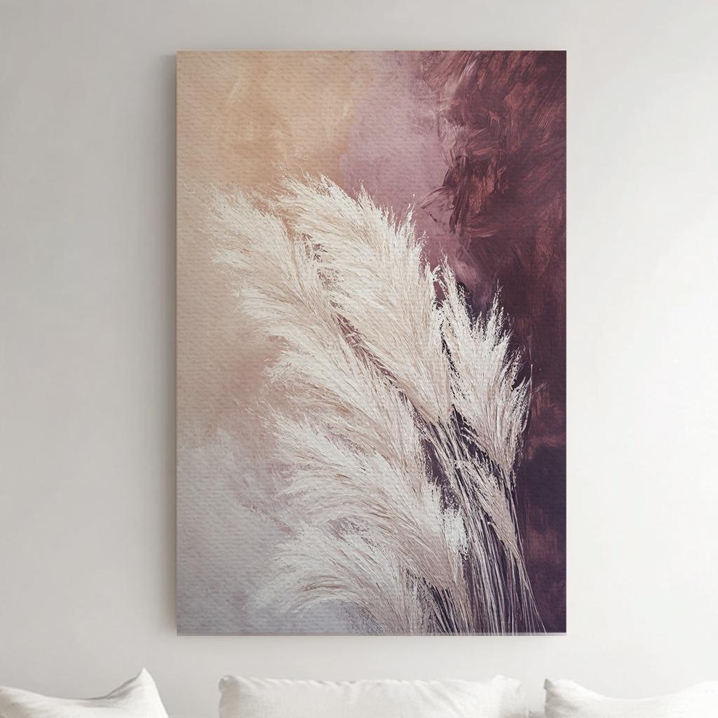 Pampas Grass Canvas Art | Impasto Brushstroke Print | Bohemian Wall Art For Living Room | Blush Pink Dusty Rose Art Vertical Canvas