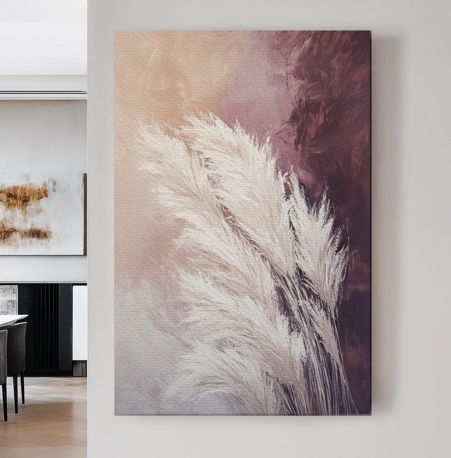Pampas Grass Canvas Art | Impasto Brushstroke Print | Bohemian Wall Art For Living Room | Blush Pink Dusty Rose Art Vertical Canvas