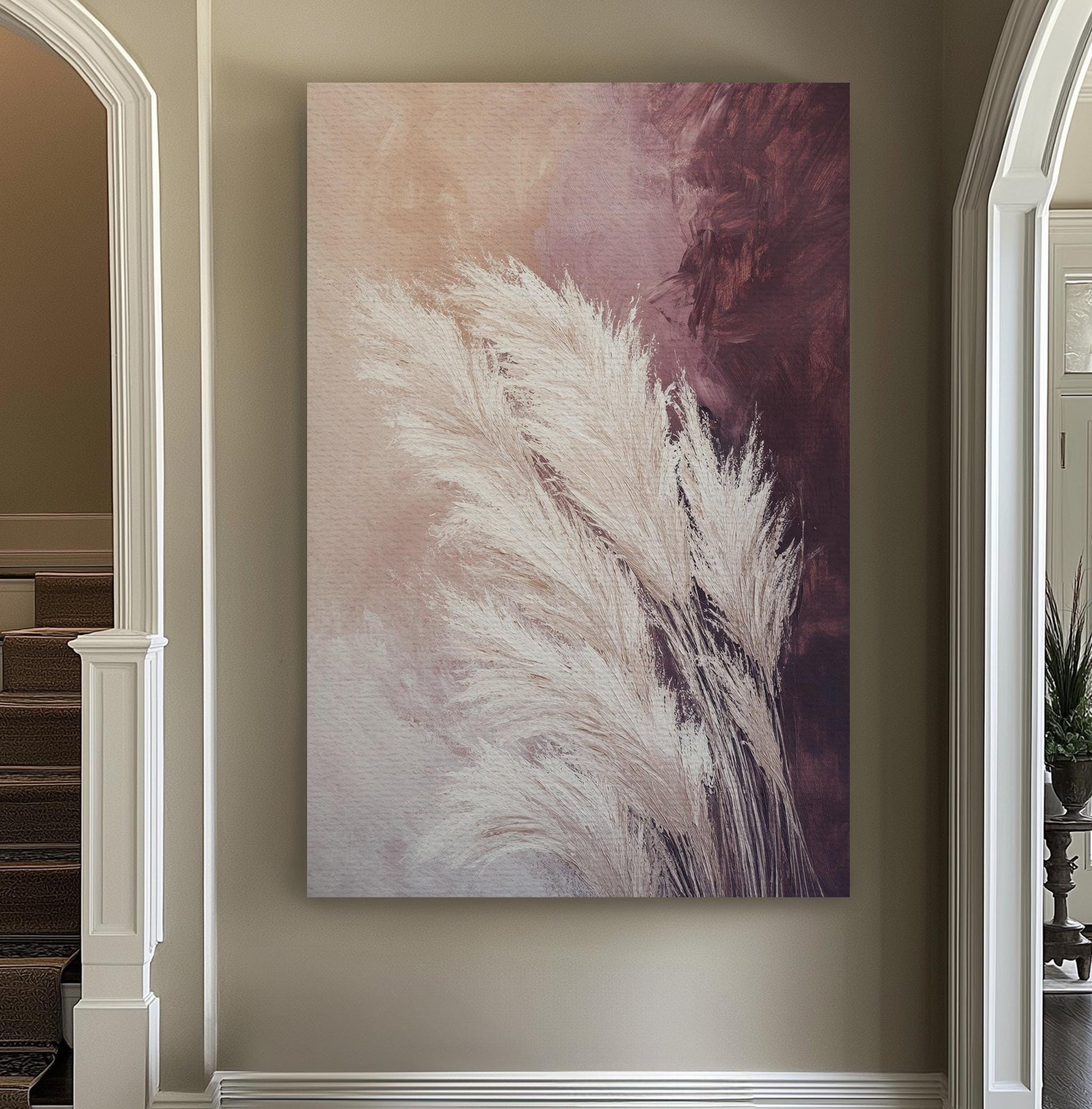 Pampas Grass Canvas Art | Impasto Brushstroke Print | Bohemian Wall Art For Living Room | Blush Pink Dusty Rose Art Vertical Canvas
