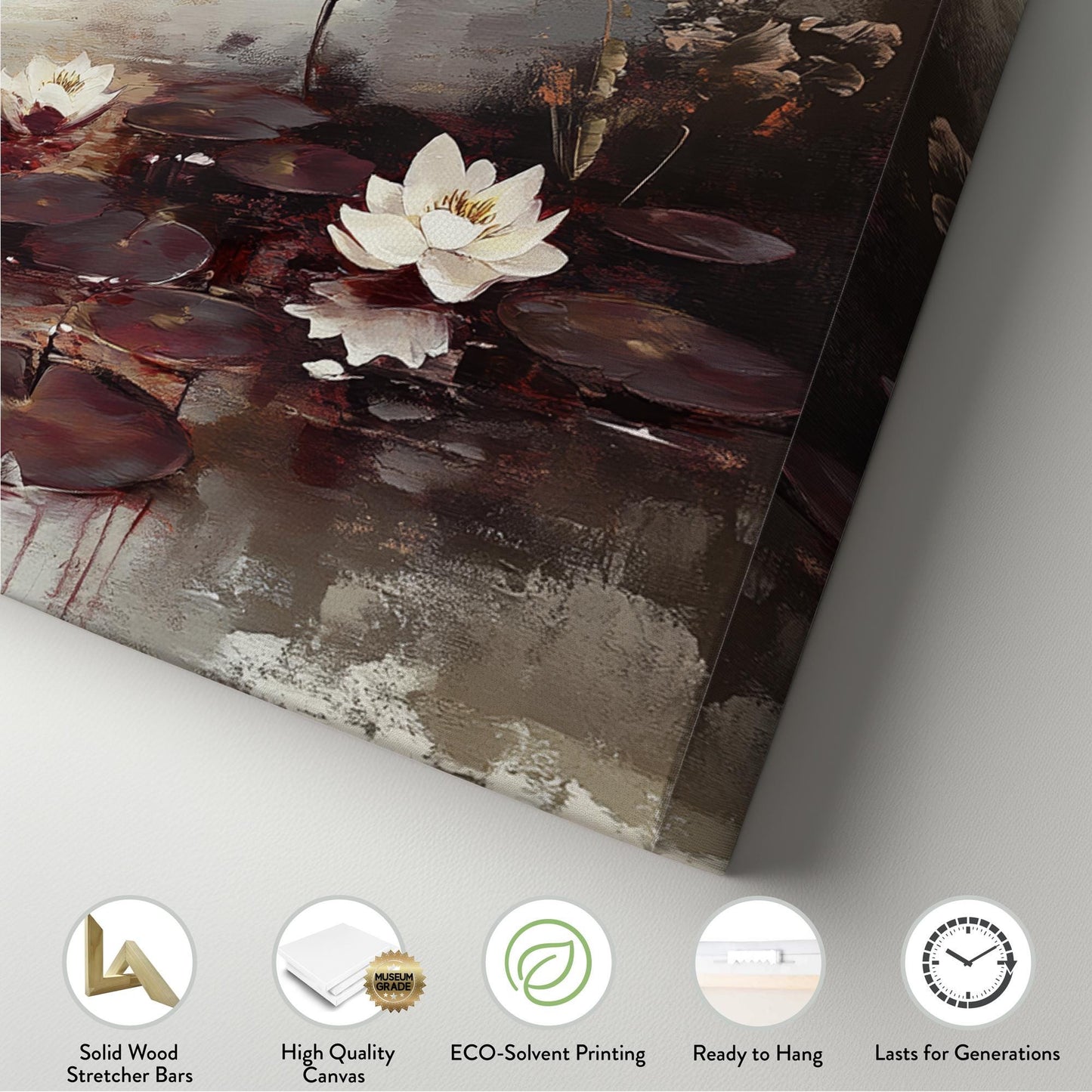 Serene Water Lilies Canvas Art | Impasto Impressionism Print | Tranquil Zen Wall Art For Living Room Panoramic Wall Art