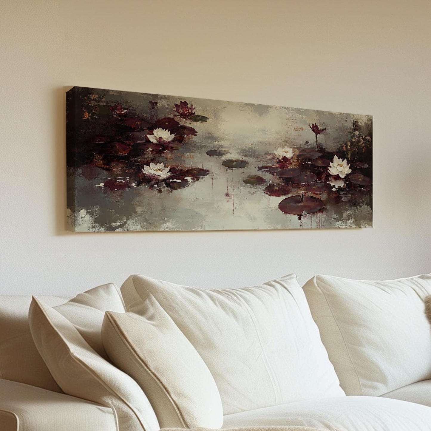 Serene Water Lilies Canvas Art | Impasto Impressionism Print | Tranquil Zen Wall Art For Living Room Panoramic Wall Art