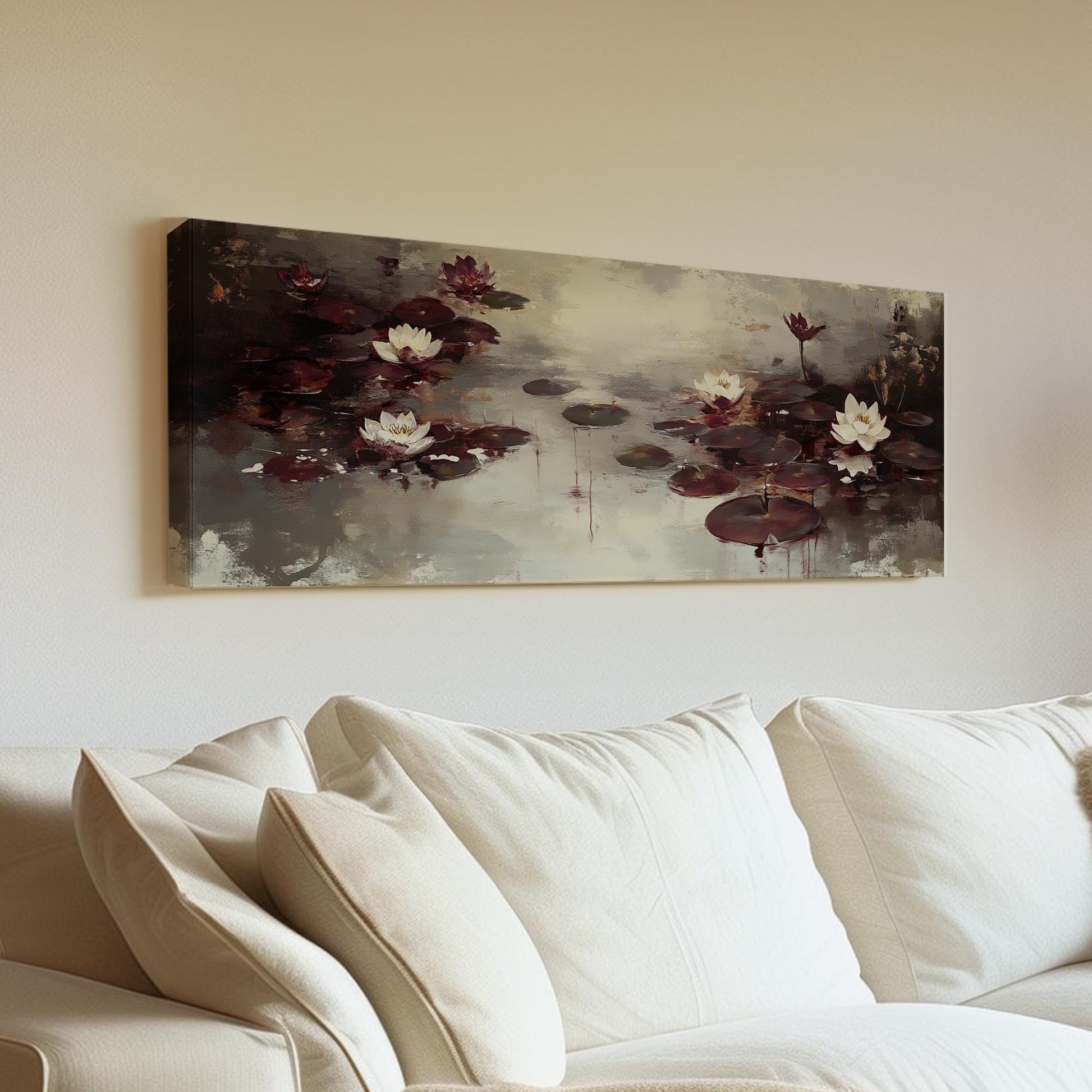 Serene Water Lilies Canvas Art | Impasto Impressionism Print | Tranquil Zen Wall Art For Living Room Panoramic Wall Art