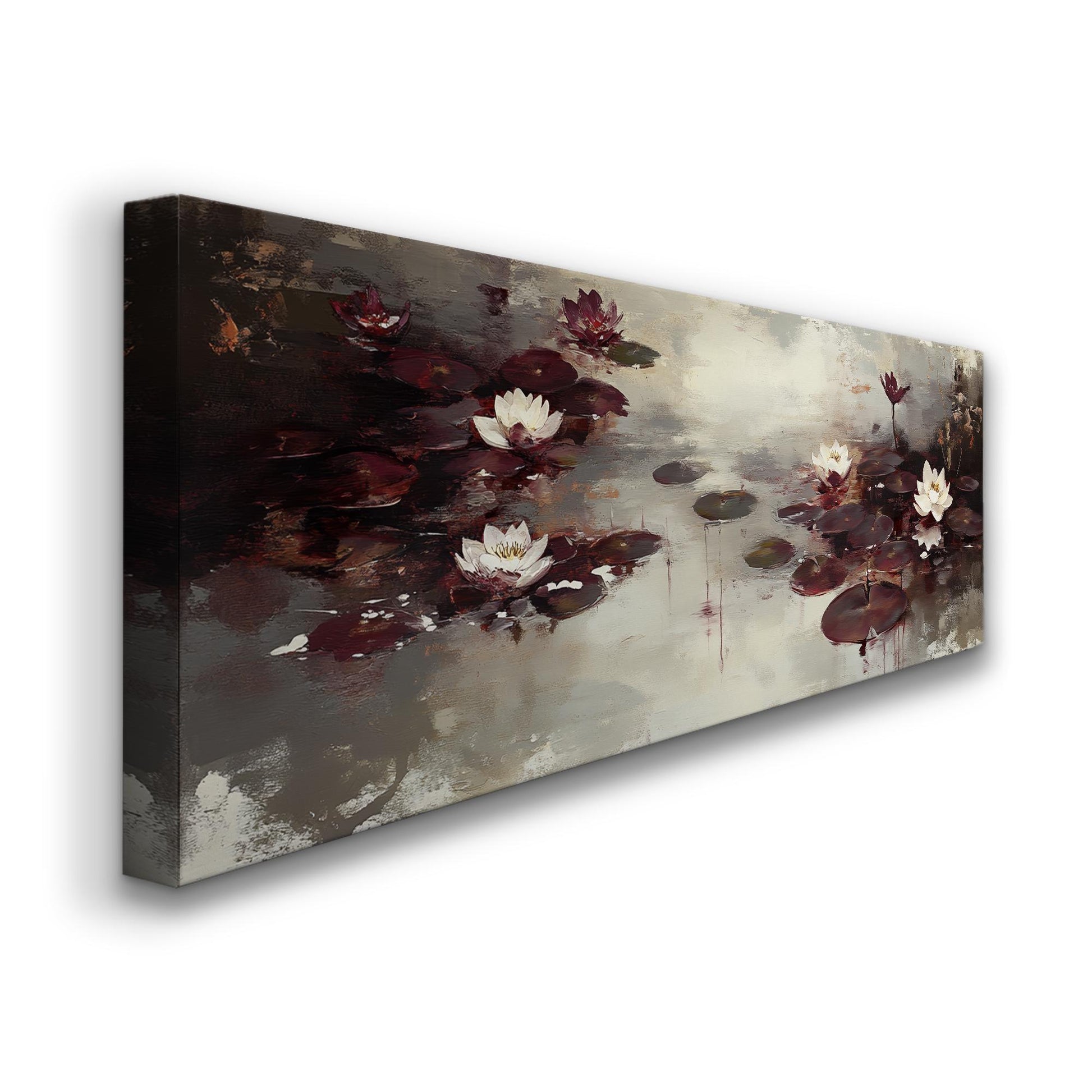 Serene Water Lilies Canvas Art | Impasto Impressionism Print | Tranquil Zen Wall Art For Living Room Panoramic Wall Art
