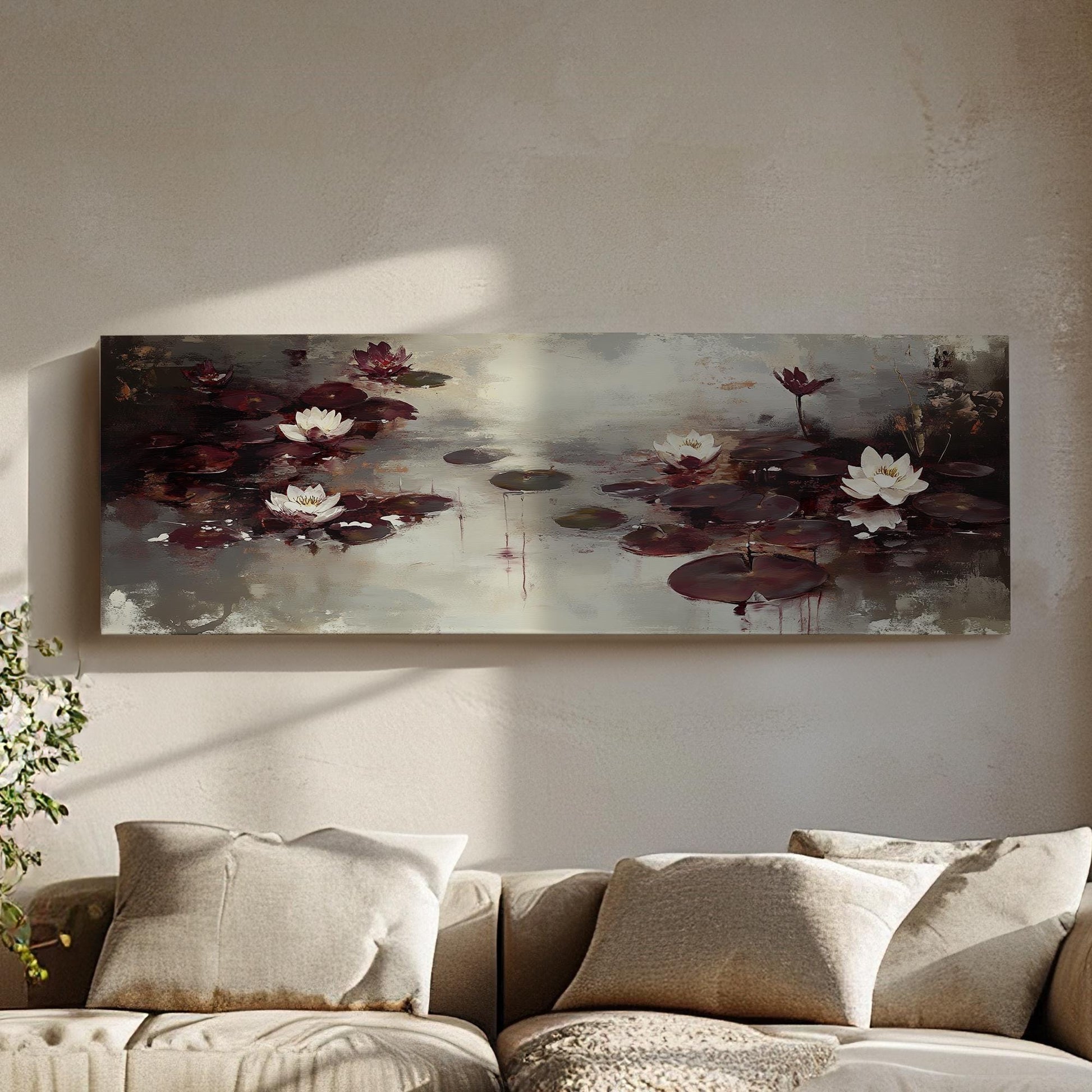 Serene Water Lilies Canvas Art | Impasto Impressionism Print | Tranquil Zen Wall Art For Living Room Panoramic Wall Art