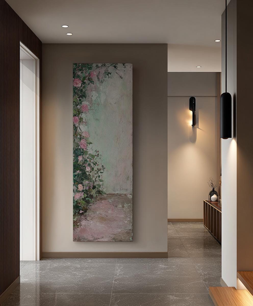 Romantic Rose Garden Canvas Art | Impasto Floral Print | Bohemian Wall Art For Bedroom | Blush Pink Sage Green Art Long Vertical Art