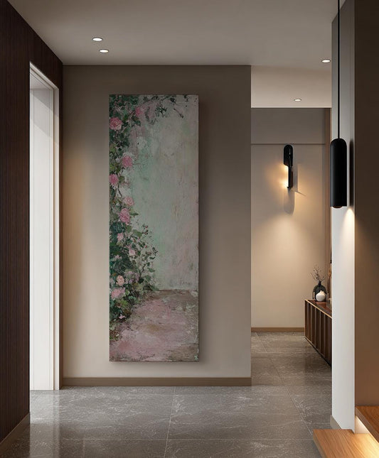 Romantic Rose Garden Canvas Art | Impasto Floral Print | Bohemian Wall Art For Bedroom | Blush Pink Sage Green Art Long Vertical Art