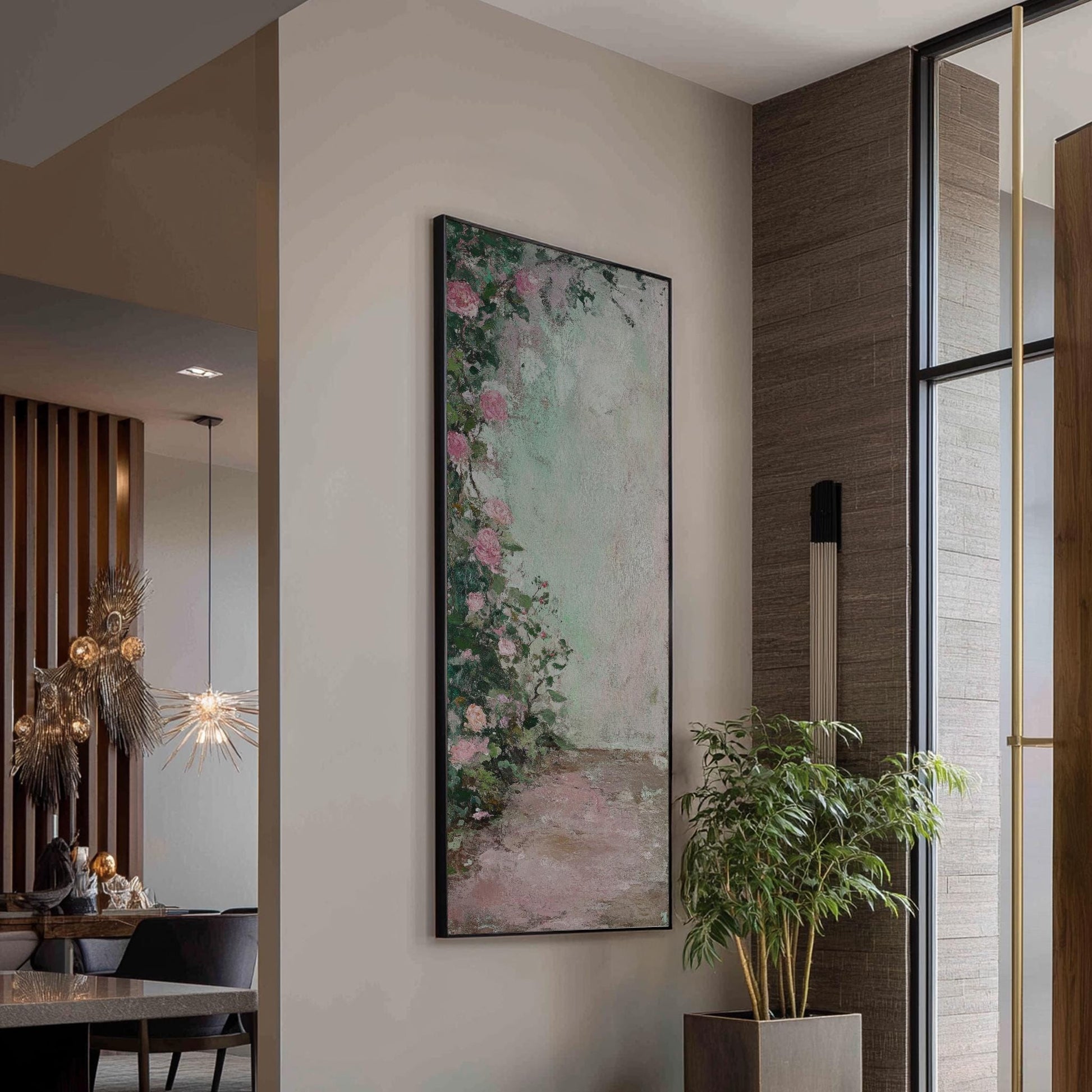 Romantic Rose Garden Canvas Art | Impasto Floral Print | Bohemian Wall Art For Bedroom | Blush Pink Sage Green Art Long Vertical Art