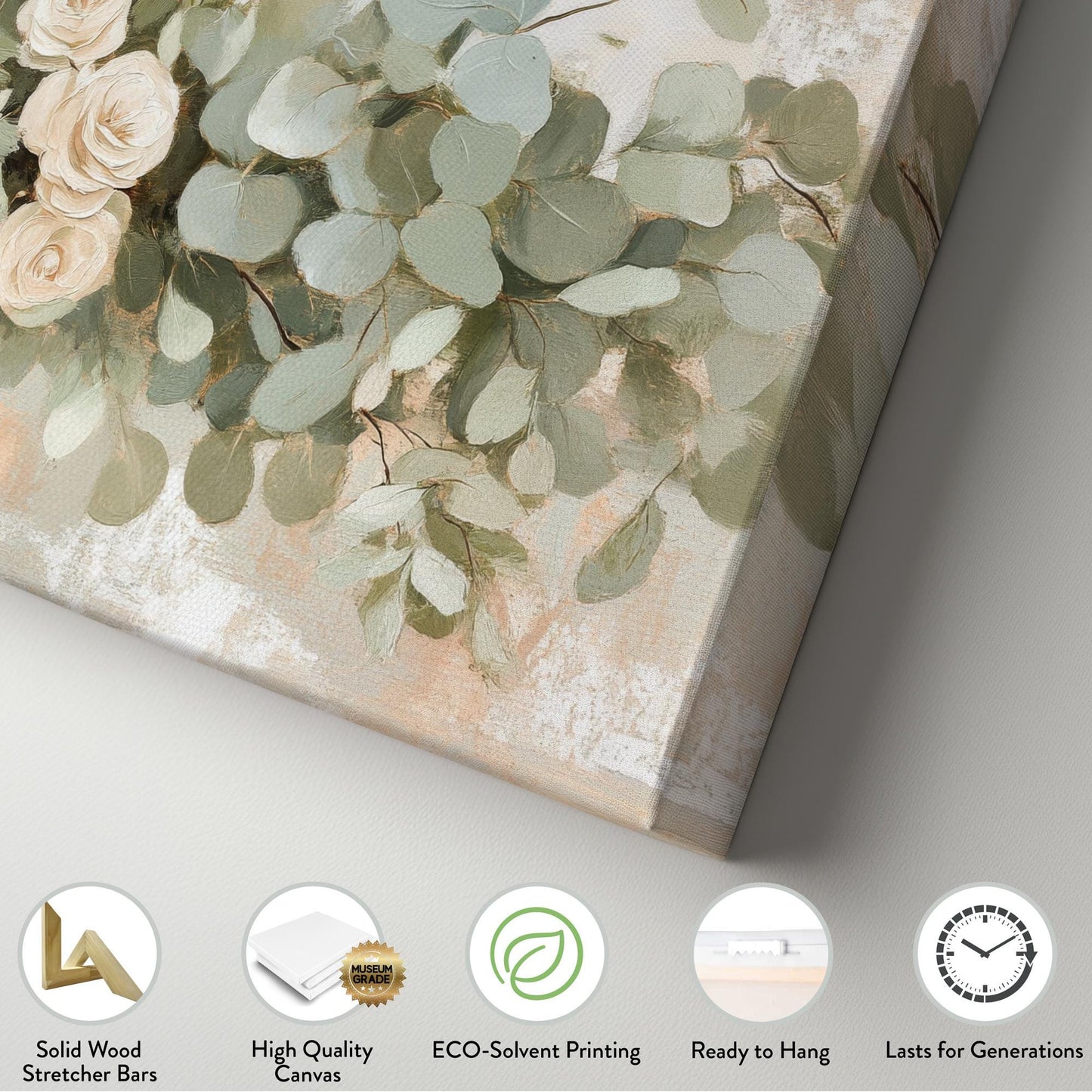 Romantic Rose Eucalyptus Canvas Art | Impasto Floral Print | Bohemian Wall Art For Living Room | Blush Sage Green Art Horizontal Art
