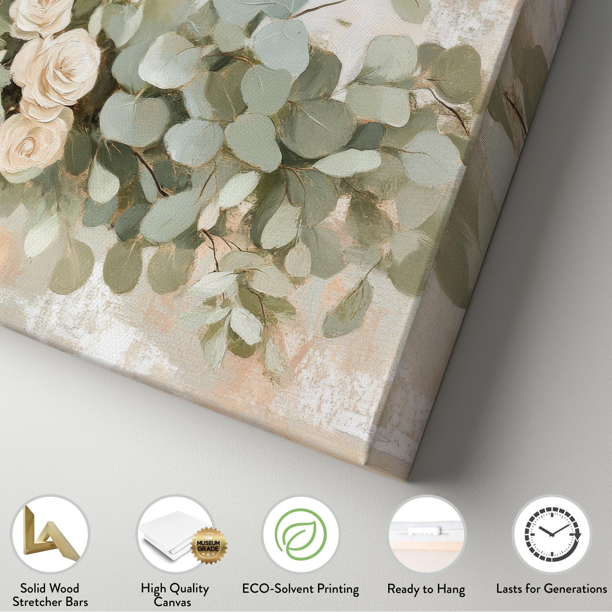 Romantic Rose Eucalyptus Canvas Art | Impasto Floral Print | Bohemian Wall Art For Living Room | Blush Sage Green Art Horizontal Art